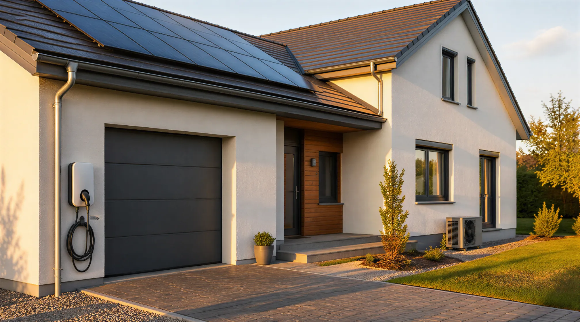 Modernes Haus mit Wallbox, Solaranlage und Wärmepumpe